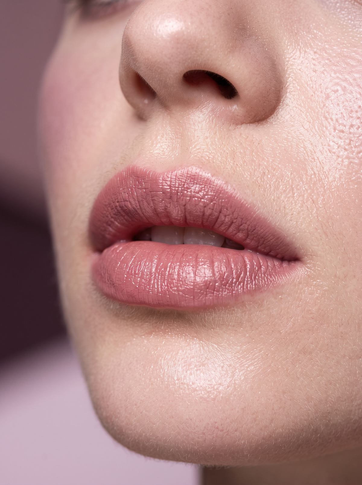Close up of lips wearing a soft dusty rose shade