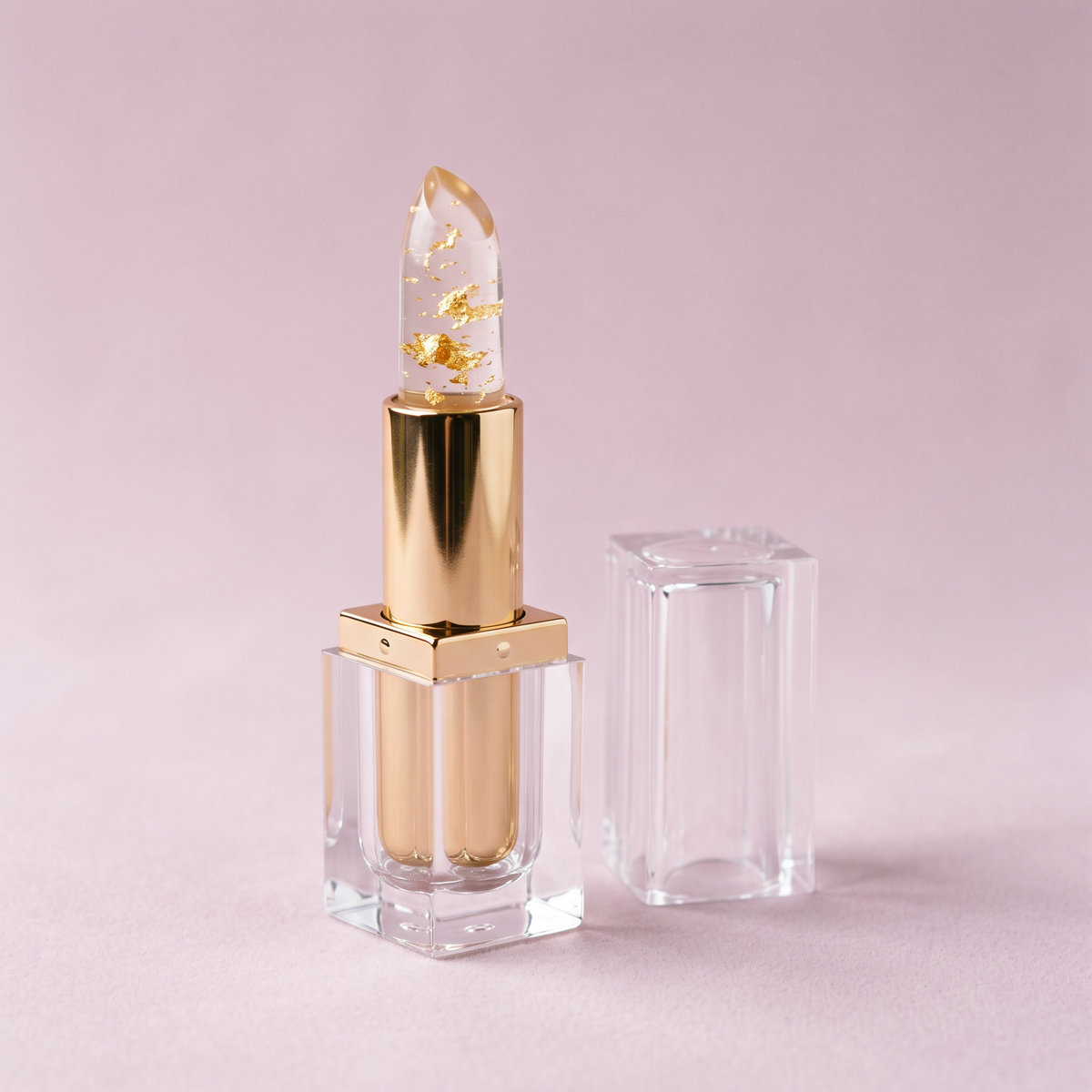 Aura pH Lipstick at a three quarter angle with its clear cap beside it