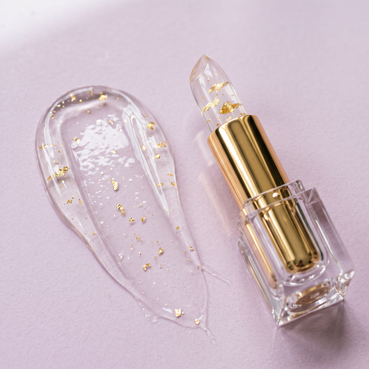 Glossy clear balm swatch with gold leaf flakes